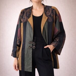 Vintage Artsy Blazer Black Purple Green Lagenlook Striped Paisley Oversized